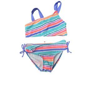 Girls Cat & Jack Striped Bikini Set With Side Tie Bottoms & One-Shoulder Top Mul